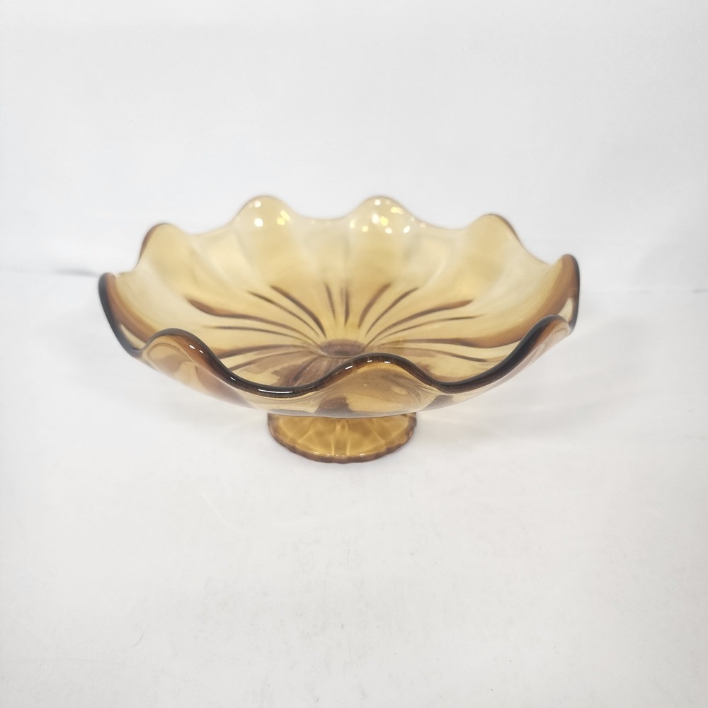 Vintage L E Smith Amber Glass Pedestal Compote Bowl Scalloped Flower 8 Inch MCM